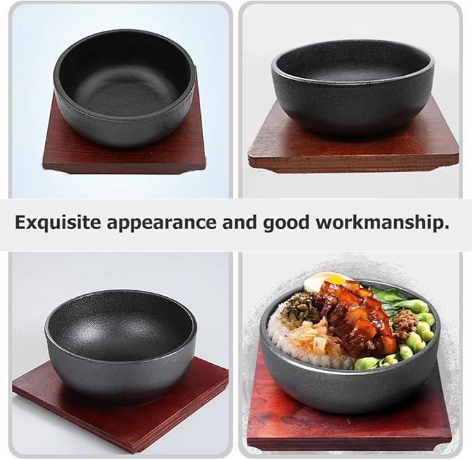 Milisten Cast Iron Bibimbap Bowl with Wooden Tray 15cm Korean Stone Pot Rice Bowl for Induction Cooker for Daily Use