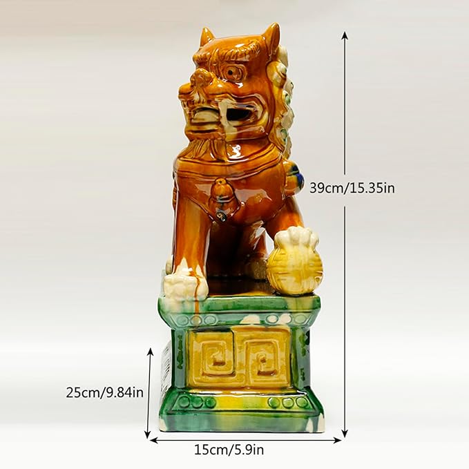 Handcrafted Ceramic Feng Shui Foo Dog Statues Pair Asian Guardian Lions for Office, Home, Housewarming, and Store Opening Gifts Traditional Chinese Decor,Green,9.84 * 15.35in