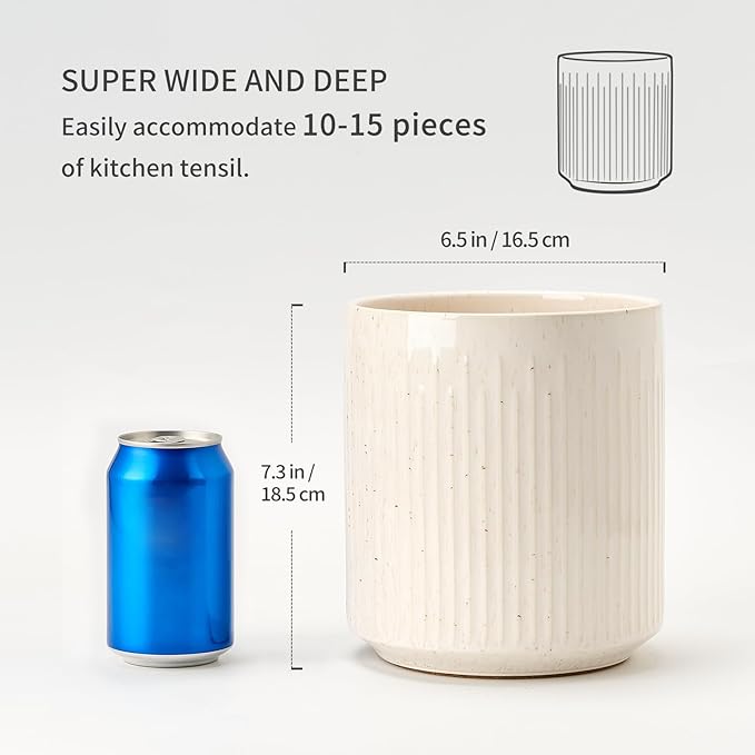 JIEMEI HOME Kitchen Utensil Holder, 7.2" Large Ceramic Stable Utensil Crock for Countertop, Utensil Organizer with Cork Mat, Removable Bamboo Divider for Easy, Kitchen Decor, Speckled White