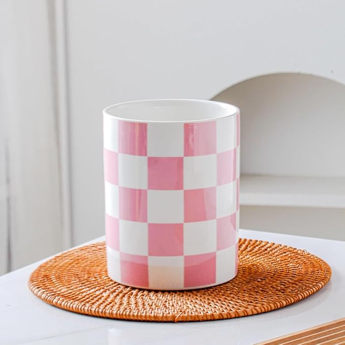 Kitchen Utensil Holder, 6.3 Inch Checkered Ceramic Cooking Utensil Holder Modern Utensil Crocks for Kitchen Counter-Farmhouse, Housewarming Gift, Decor and Accessories (Pink, 6.3 Inch)