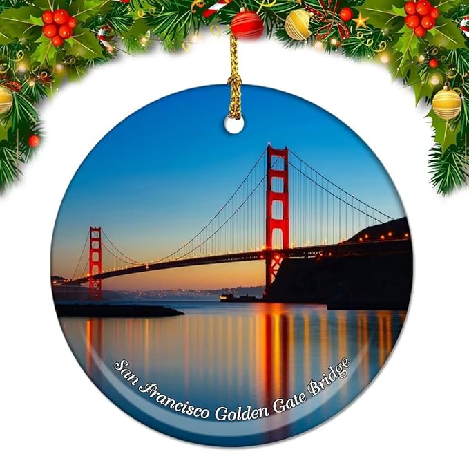 California San Francisco Golden Gate Bridge USA America Christmas Ornaments Ceramic Round Hanging Pendant Xmas Decor City Travel Souvenirs 3" Porcelain Double Sided