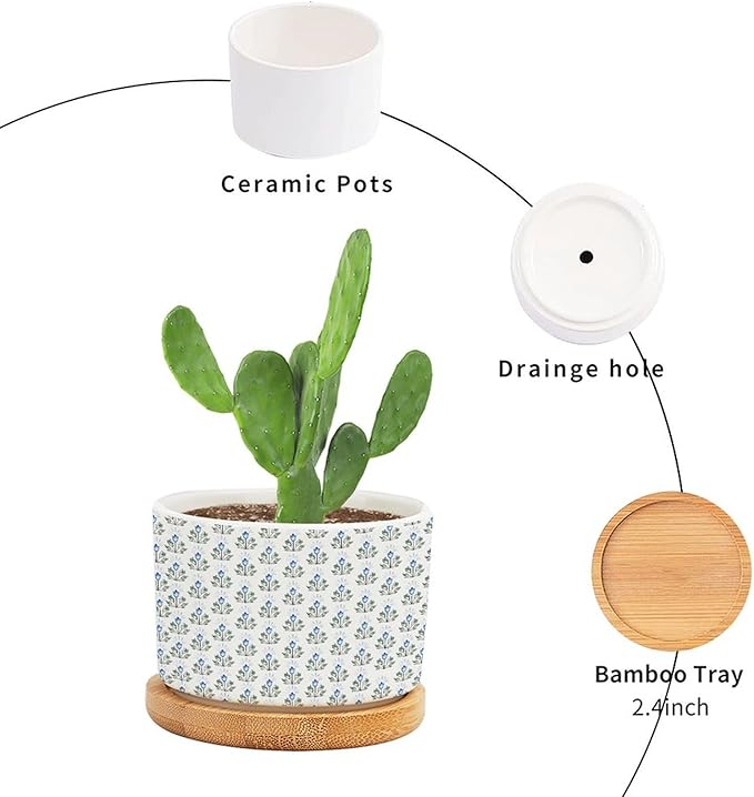 Blue Floral Ceramic Planters Mughal Flower Pots for Plants with Drainage Holes and Saucers Pot for Indoor Outdoor Garden