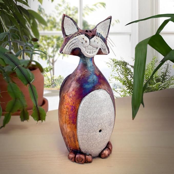 Modern Artisans American Made Whimsical Smiling Cat Raku Pottery Tabletop Sculpture, 10"