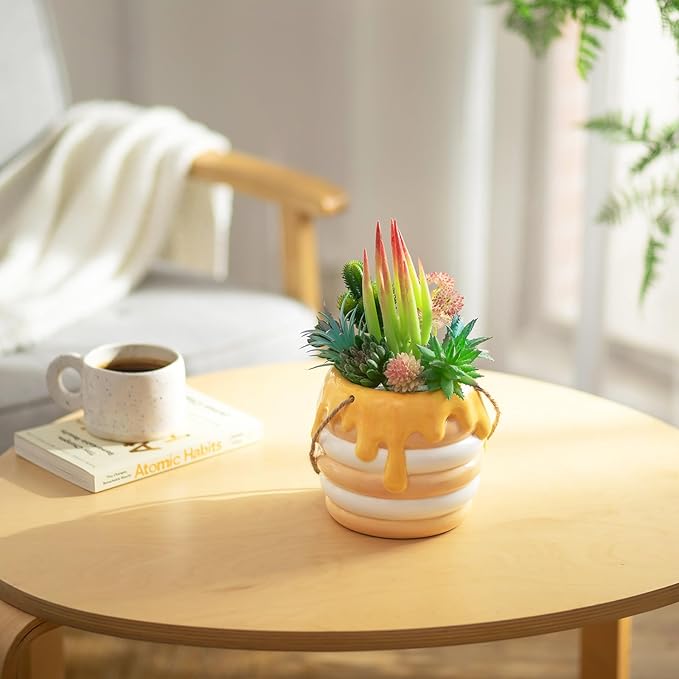 Bee Decor Hanging Planter: 6x4 Inch Opening Cute Flower Pot with Drainage - Ceramic Honey Plant Pot for Indoor Outdoor Garden Kitchen Bathroom