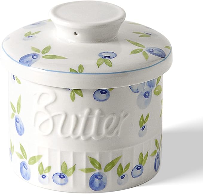 Toptier Butter Crock for Counter With Water Line, On Demand Spreadable Butter, Ceramic Butter Keeper to Leave On Counter, French Butter Dish with Lid (Yummy Blueberry)