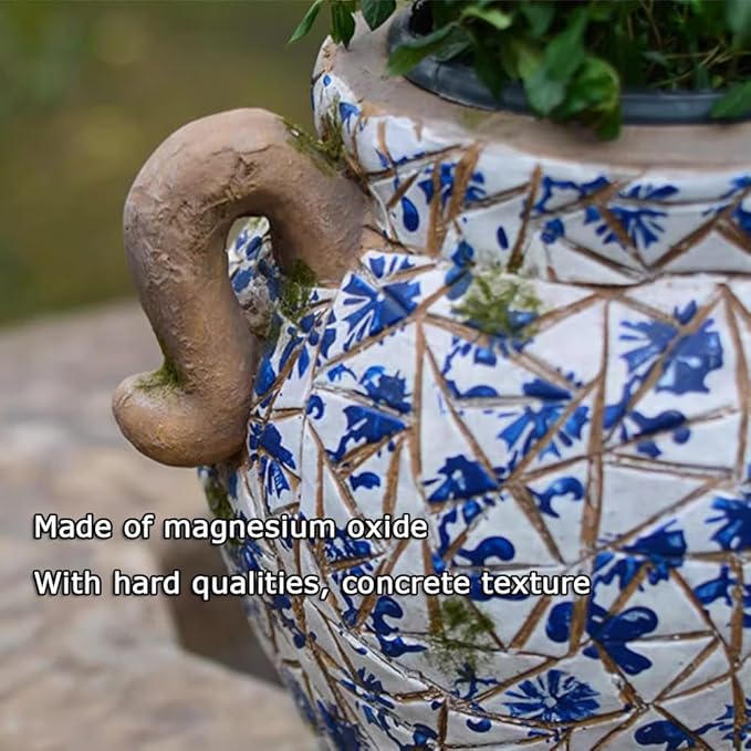 GZHERVICES Magnesium Oxide Sculpture Planter, Hand Painted Imitation Blue & White Floral Porcelain Ceramic Decorative Flowerpot, with Drainage Hole, Garden Pots Chinese Asian Design