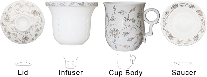 Porcelain Tea Cup with Infuser Lid and Saucer Sets - Chinese Jingdezhen Ceramics Coffee Mug Teacup Loose Leaf Tea Brewing System for Home Office