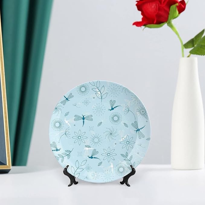 XISUNYA 7 Inch Decorative Plate, Dragonfly Dinner Plate, Bugs Leaves Branches Flowers Dandelions Abstract Art Print Ceramic Wall Hanging for Home & Office Wall Hanging Decor