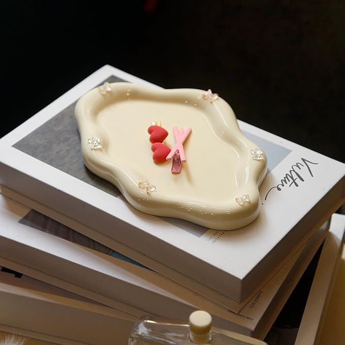 Jewelry Dish Trinket Tray for Women, Ring Dish Holder, Unique Cloud Shape Ceramic Plate Cute Things Vanity Aesthetic Room Decor Mother's Day Birthday (Bow Cream)