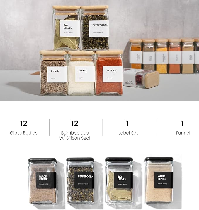 APT 1101 4 oz Glass Square Spice Jars with Labels, Glass Jars with Bamboo Lids, Spice Bottles, Seasoning Organizer, 12 Pack (Black)