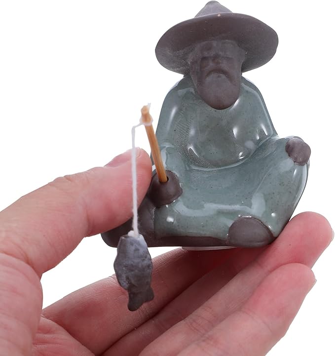 Happyyami Miniature Ceramic Fisherman Figurine Asian Zen Garden Sculpture Tiny Landscape Decor for Tabletop Bonsai Fish Pond Ornament