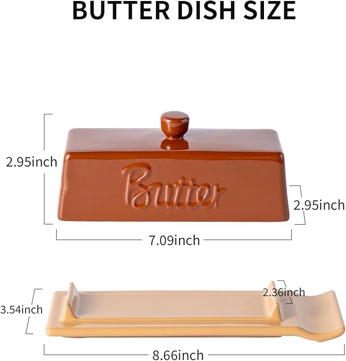 TEATALK Ceramic Butter Dish with Lid and Knife - Large Butter Holder, Farmhouse Style, 8-Inch Porcelain Butter Keeper with Scraper Edge,Brown