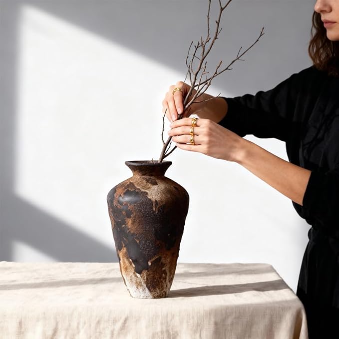 Wabi Sabi Ceramic Vase 9.1 Inch, Rustic Pottery Vase for Home Decor, Organic Textured Brown Black Vase for Pampas Grass, Coffee Table Shelf Farmhouse Decor