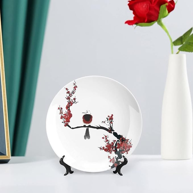 XISUNYA 6 Inch Decorative Plate, Janpese Decor Ceramic Plate, Bird on Cherry Tree Summertime Classic Asian Print Ceramic Wall Hanging for Home & Office Wall Hanging Decor