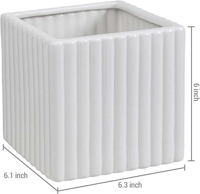 MyGift 6.3 Inch Square Vintage White Ceramic Succulent Planter Pot with Vertical Ribbed Design, Indoor Mini Flower Plant Pots, Set of 2