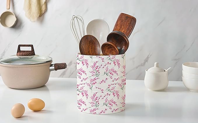 Kitchen Utensil Holder,7.2-inch Extra Large Sturdy Ceramic Cherry Floral Pattern Utensil Crock,Cooking Utensil Organizer for Kitchen Counter Decor,Storage Caddy Farmhouse Gift Pink Blossom
