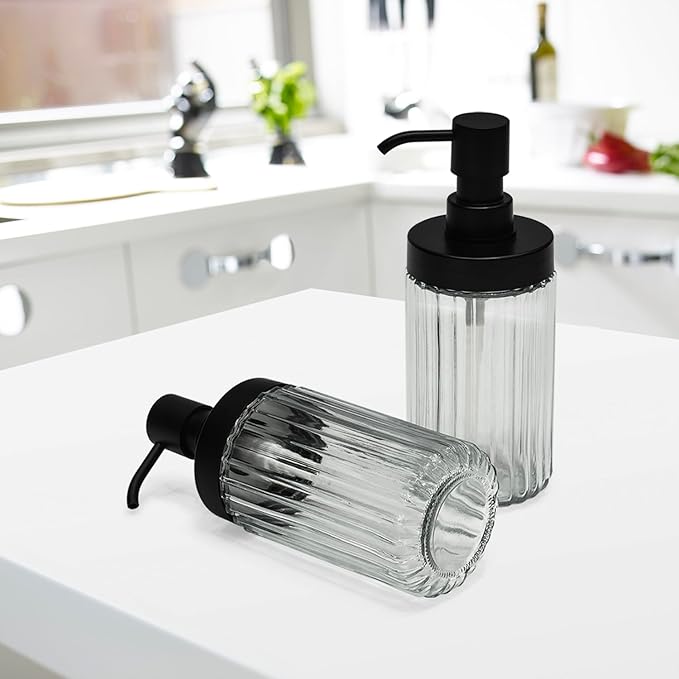 Ribbed Hand Glass Soap Dispenser Set of 2 for Bathroom Countertop & Kitchen Sink Decor, Easy Refill Wide-Mouthed Glass Soap Bottles with Matte Black Pump for Liquid Dish Soap-14.3 oz