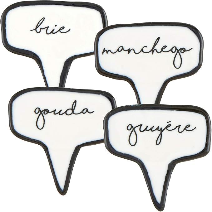 Santa Barbara Design Studio Table Sugar Ceramic Cheese Markers Set of 4, 2" x 2", White/Black