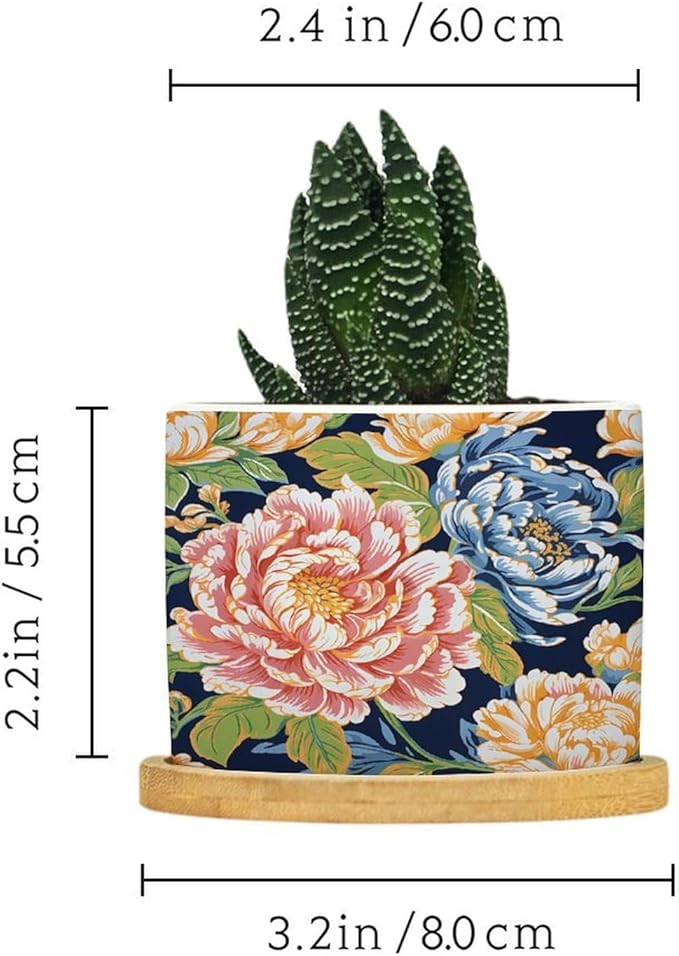 Bright and Chinoiserie Planters Ceramic Coral Peony Floral Round Flower Pot with Drainage Holes and Bamboo Tray Pot for Outdoor Garden Home Plant