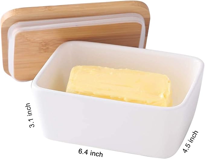 Large Ceramic Butter Dish with Lid and Natural Oak Wood Cover for Kitchen Decor and Accessories for Kitchen Gift, White