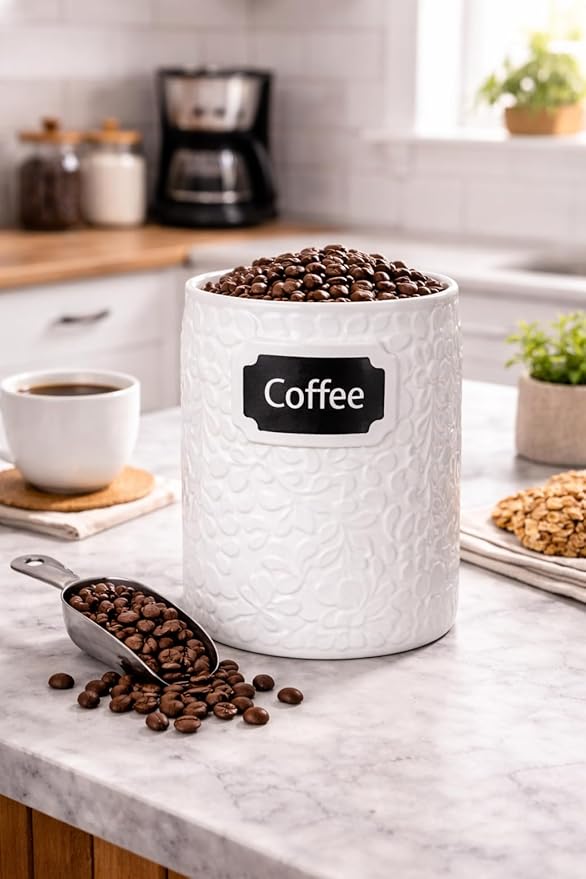 Ceramic Canister for the Kitchen (52oz/1537ml) – Airtight Kitchen Counter Storage with Bamboo Lids, Decorative Flour Sugar Coffee Jars for Pantry & Home