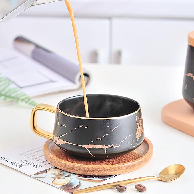 LUCCK 12oz Ceramic Marble Tea Cup with Wooden Saucer Ceramic Coffee Cup Cappuccino Cup Luxury Gold Inlay Fashion Marble Pattern for Women(Black)