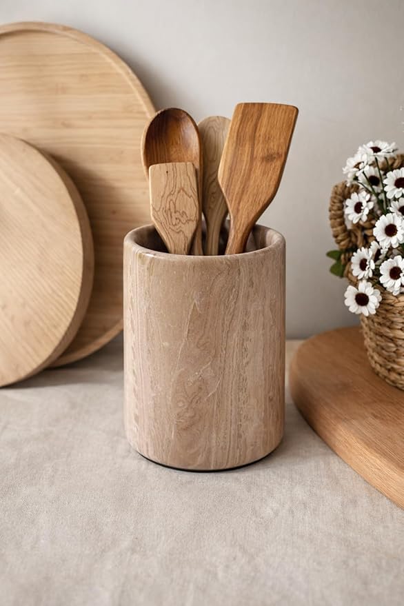 Radicaln Marble Utensil Holder 6.5" Inches Natural Brown Handmade Spatula Set for Kitchen Counter, Cooking Utensils Jar & Kitchen Essentials Organizer, Ideal Utensil Caddy & Spoons Holder
