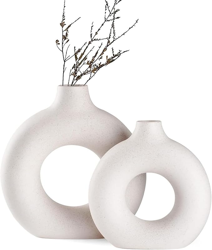 White Ceramic Donut Vase Set of 2, Big Hollow Round Matte Pampas Flower Vases for Boho Home Wedding Party Room Dinner Table Shelf Decor.