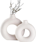 White Ceramic Donut Vase Set of 2, Big Hollow Round Matte Pampas Flower Vases for Boho Home Wedding Party Room Dinner Table Shelf Decor.