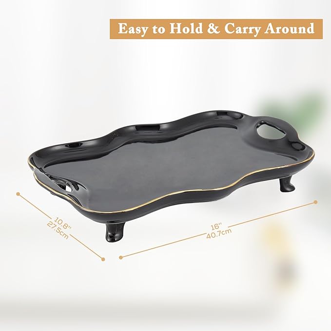 DUJUST Porcelain Serving Tray with Handles, Luxury British Style Coffee Table Tray with Golden Rim, Beautiful Tea Tray Decor for Living Room, Easy to Use & Clean - Black