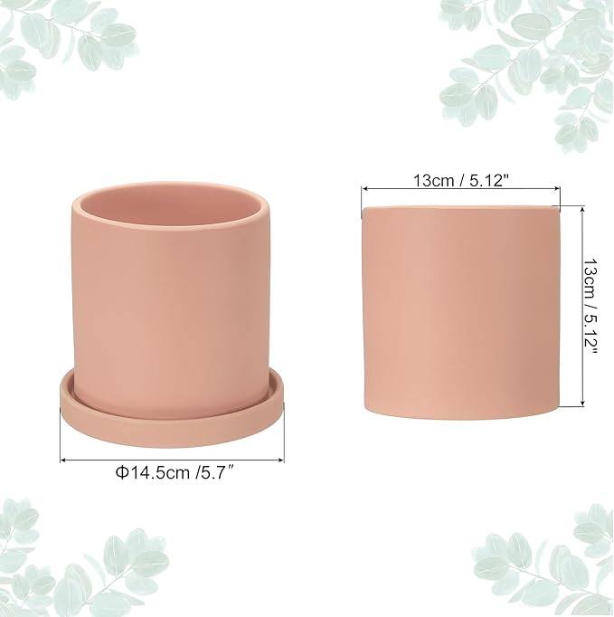 PATIKIL 5 Inch Ceramic Plant Pots, Modern Flower Planters with Drainage Holes and Tray for Decorate Home Indoor Plants Succulent Herb, Pink