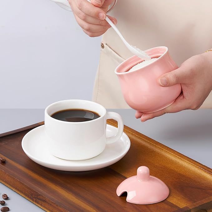Ceramic Sugar Bowl with Lid and Spoon, Pink Porcelain Sugar Salt Pepper Storage Jar, 7 Ounces