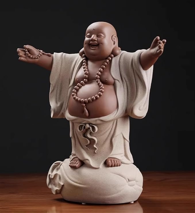 RUVOO Buddha Statue Outdoor, 12.2inch Buddha Statue Ceramics Sculptures Big Belly Happy Laughing Buddha for Home Office Desktop Decor Zen Garden Decor(E)