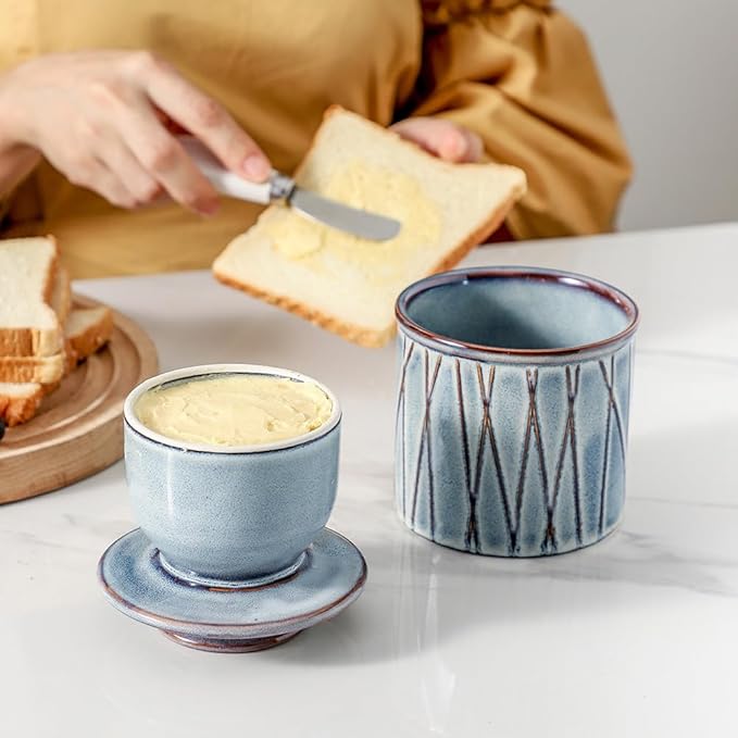 HVH Ceramic Butter Crock, French Butter Dish with Lid for Countertop, Butter Crock with Water, Butter Keeper for Counter, Butter Holder for Soft Butter (Wabi sabi)
