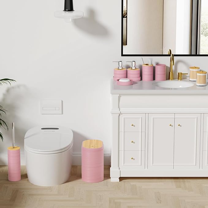 Pink Bathroom Set - 10PC Bathroom Accessories Set, Luxury Bathroom Accessory Set with Trash Can,Toilet Brush & 2 PC Soap Dispensers for Apartment Decor and Housewarming