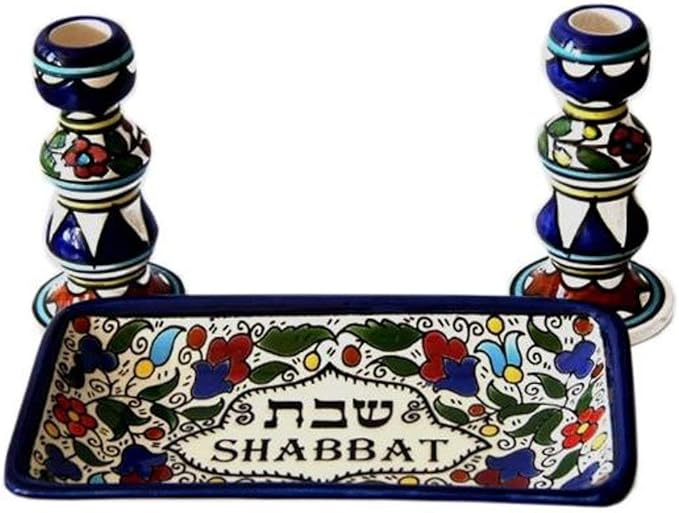 Holy Land Market Shabbat Candlesticks Set - Colorful Ceramic Shabbat Candle Holders Set with Matching Plate for Holidays, Colorful