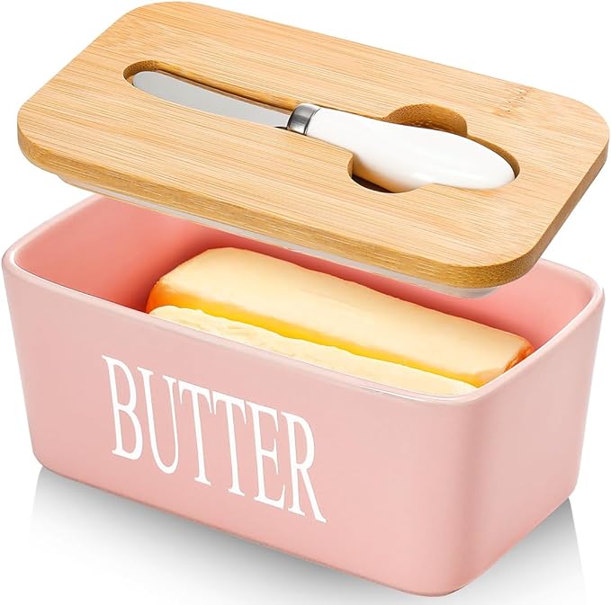 Butter Dish with Lid, Home Decor, Large Butter Dish for Countertop Ceramic Butter Keeper Container with Knife and High Quality Silicone Sealing Good Kitchen Gift Pink