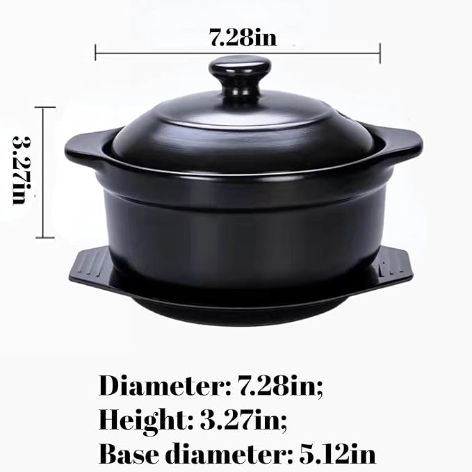 Korean Stone Pot, Ceramic Sizzling Hot Pot for Bibimbap Korean Stone Bowl with Lid and Trivet 40 oz Clay Pot for Cooking, Korean Cooking Pot, 1200ml, Black, for 1-2 people