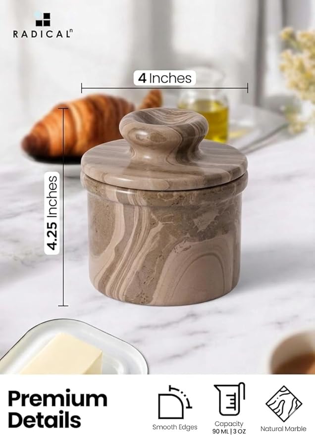 Radicaln Marble Butter Keeper 4.25'' Inches Natural Brown Handmade French Butter Holder For Kitchen Counter Decor Ideal Butter Crock For Counter With Water & Butter Crock For Kitchen