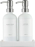 MaisoNovo Soap and Lotion Dispenser Set - Bathroom Soap Dispenser Set with White Soap Dispenser, Silver Pumps & Concrete Tray