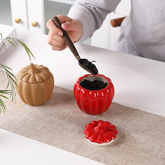WAIT FLY Pumpkin Shape Airtight Ceramic Canister Tea Canister Tea Storage Food Storage Jar for Tea, Coffee, Spices, Sugar, Cookies, Pickle, Cereals-Yellow-7 OZ