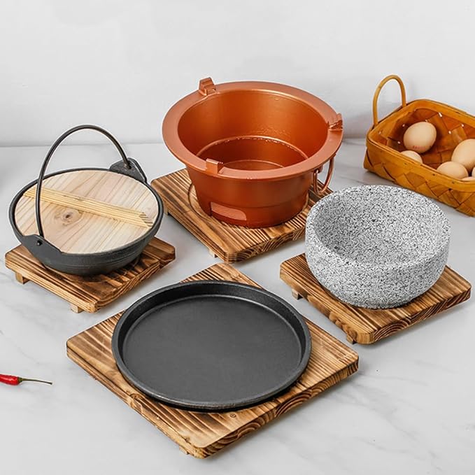 Unomor 2pcs Heat Insulation Pad for Korean Stone Bowls, Sturdy Wooden and Stone Mat Set for Hot Dishes, Kitchen Counter Protection, 6.29 Inches