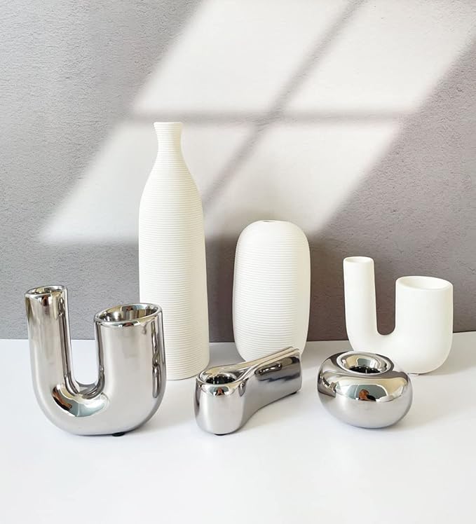 Silver Candlestick Holders, Decorative Taper Candle Holder Set Decor for Table Centerpiece Fireplace, Modern Silver Candle Holders Set, Aesthetic Ceramic Candle Stick Holder