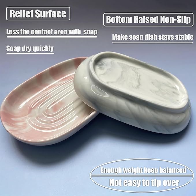 Soap Dish Ceramic, Decorative Ceramic Soap Holder with Unique Marble Textures, Bar Soap Holder for Shower, Bathroom, Kitchen, Tubs, Sink, Hotels, Counters (Pink Texture)