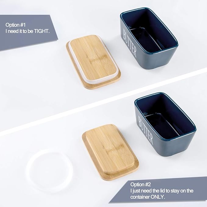 Hasense Porcelain Butter Dish with Bamboo Lid - Covered Butter Keeper with Butter Knife for Countertop, Airtight Butter Container with Cover Perfect for East West Coast Butter, Blue