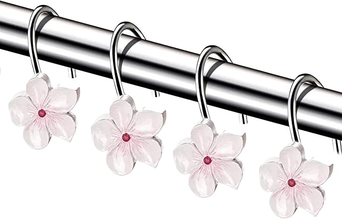 Creative Scents Vanda Cherry Blossom Shower Curtain Hooks Decorative Set of 12 Flower Shower Curtain Rings for Curtain - White and Pink Shower Hooks Bathroom Accessories Decor