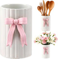 Handmade Pink Bow Ceramic Utensil Holder, 3D Coquette Cooking Utensil Crock for Kitchen Counter, Preppy Storage Caddy Organizer Vase Decor for Kitchen Countertop