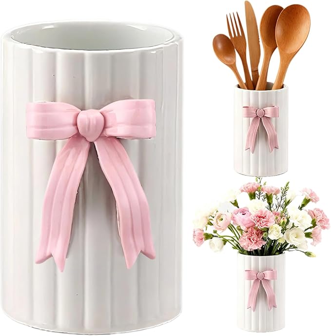 Handmade Pink Bow Ceramic Utensil Holder, 3D Coquette Cooking Utensil Crock for Kitchen Counter, Preppy Storage Caddy Organizer Vase Decor for Kitchen Countertop