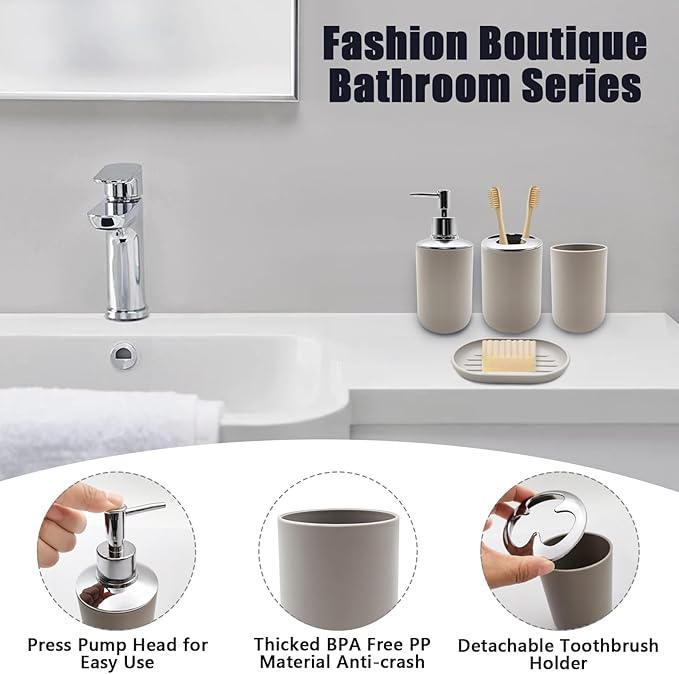 Bathroom Accessory Set, 4 pcs Shatter-Resistant Resin Bathroom Accessories Set Include Lotion Soap Dispenser Toothbrush Holder Soap Dish Modern Bathroom Decor, Gift for Home (Beige 4pcs)