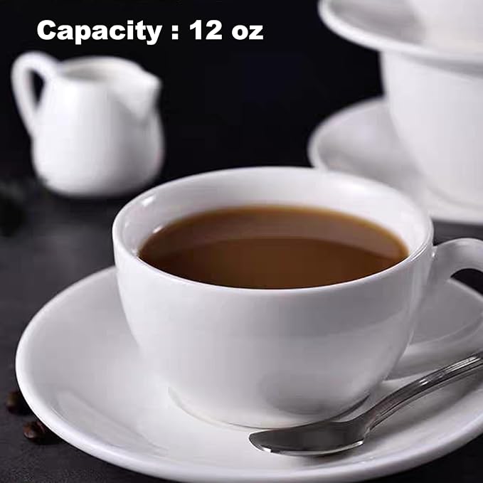 DeeCoo 11 oz White Cappuccino Mug- Large Ceramic Coffee Cup with Saucer - Microwave and Dishwasher Safe, Perfect For Tea, Espresso, Latte - Porcelain Set for Kitchen or Cafe, Baristas, Great Gift